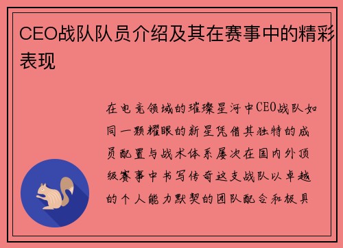 CEO战队队员介绍及其在赛事中的精彩表现